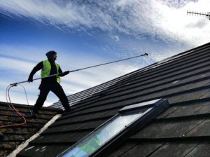 Soft Washing of a roof using AlgoClear: for long lasting moss and lichen clearance -  All roof cleaning Services by Roof Repairs Belfast, Northern Ireland
